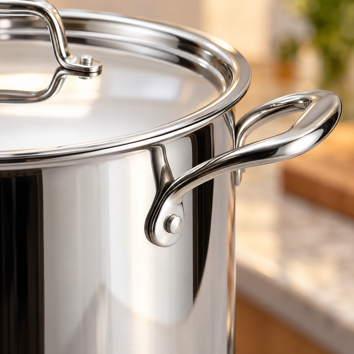 Close-up of the riveted handle on a Tramontina Tri-Ply Base 16 quart stainless steel covered stock pot