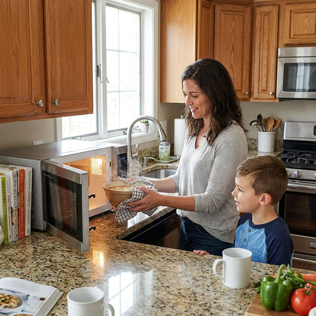 A woman and child removing a bowl of hot food from a Sharp SMC1162KSC microwave in a home kitchen.