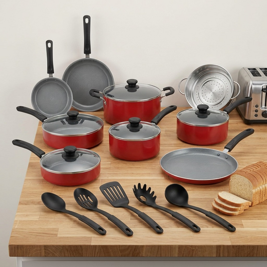 A Tramontina red 18-piece cookware set, as seen in image_0.png, is organized on a wooden countertop next to a full-sized standard loaf of bread, showing relative scale without text or logos.