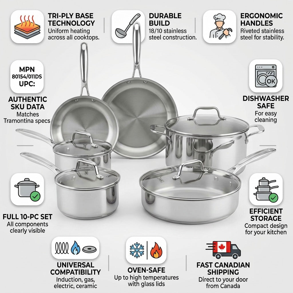 PDP visual matrix image validating Tramontina Tempo cookware set with icons and feature text.