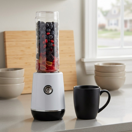 A photo showing the Oster MyBlend Plus Personal Blender for scale on a counter next to a black mug.