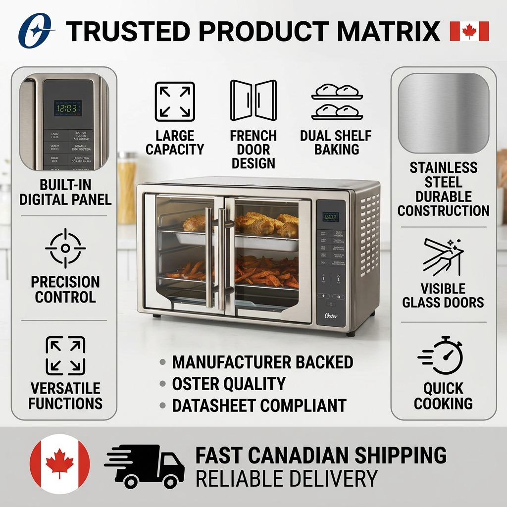 Oster Digital French Door Air Fry Oven specifications and trust infographic
