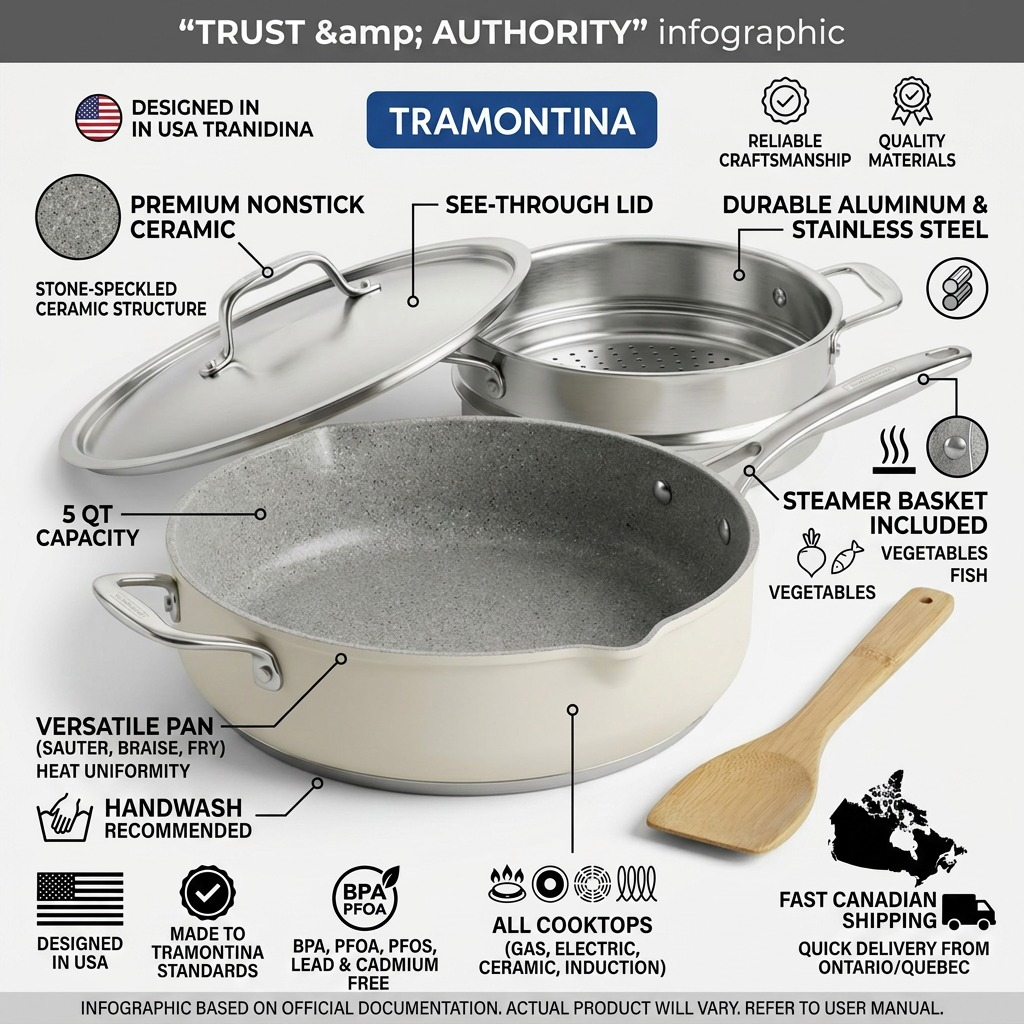 Infographic featuring the Tramontina cookware set with factual feature icons and descriptions.