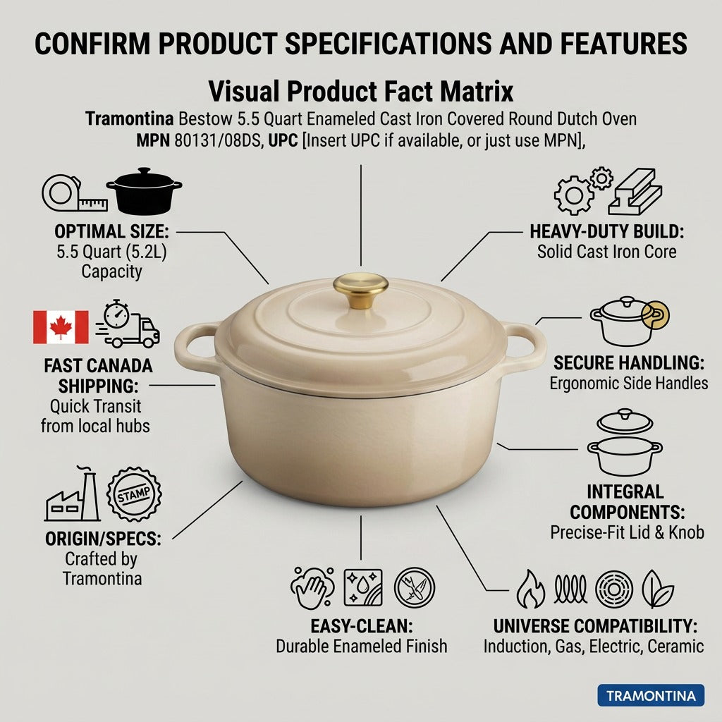 A visual infographic matrix for the Tramontina 5.5 Qt. Enameled Dutch Oven, verifying specs and Canadian shipping.