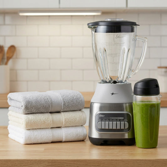 Oster 2143483 Pulverizing Power Blender size reference with folded towels