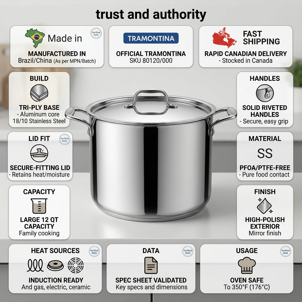 Tramontina Tri-Ply Base Covered Stock Pot 12 Qt trust and specifications infographic