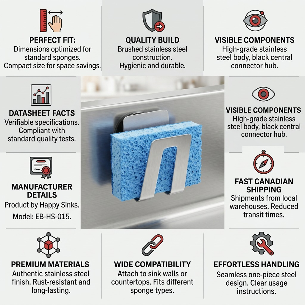 Happy Sinks Sponge Holder stainless steel specifications and Canadian shipping infographic