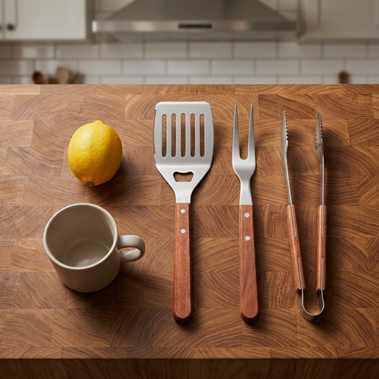 Tramontina Churrasco 3-Piece BBQ Tool Set size reference on butcher block