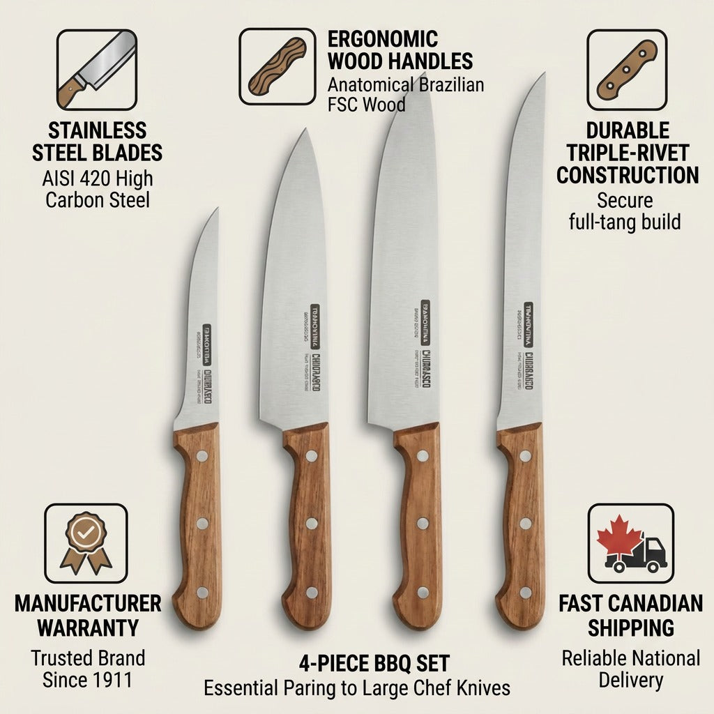 Tramontina Churrasco 4-Piece Grilling Knife Set features infographic