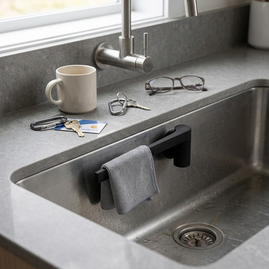 Happy Sinks Magnetic Dishcloth Holder Black size reference in kitchen sink