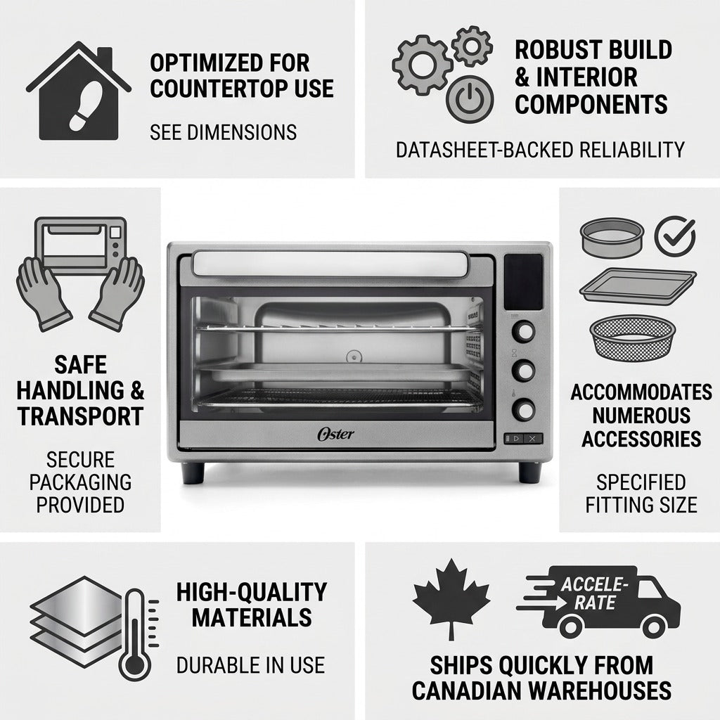 Infographic for Oster 2210052 Digital Air Fryer Toaster Oven highlighting fast Canadian shipping.