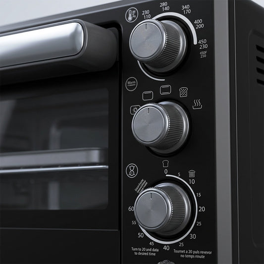 Macro detail of the Oster Compact Air Fryer Oven's silver control knobs and matte black interface.