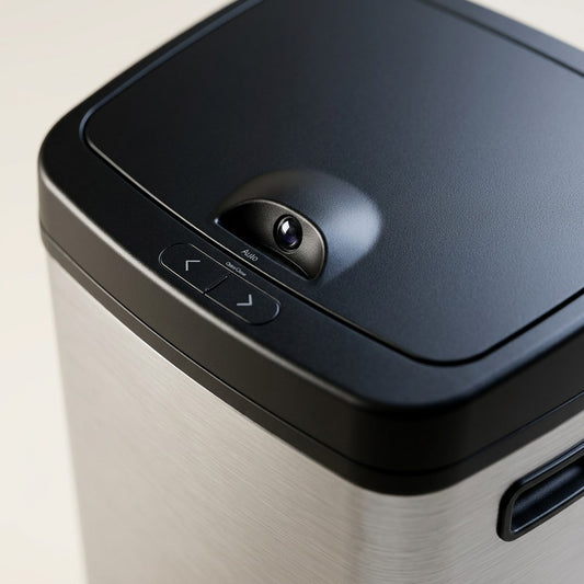 Close-up of the Tramontina 13-gallon trash can sensor and control buttons on the matte black lid.