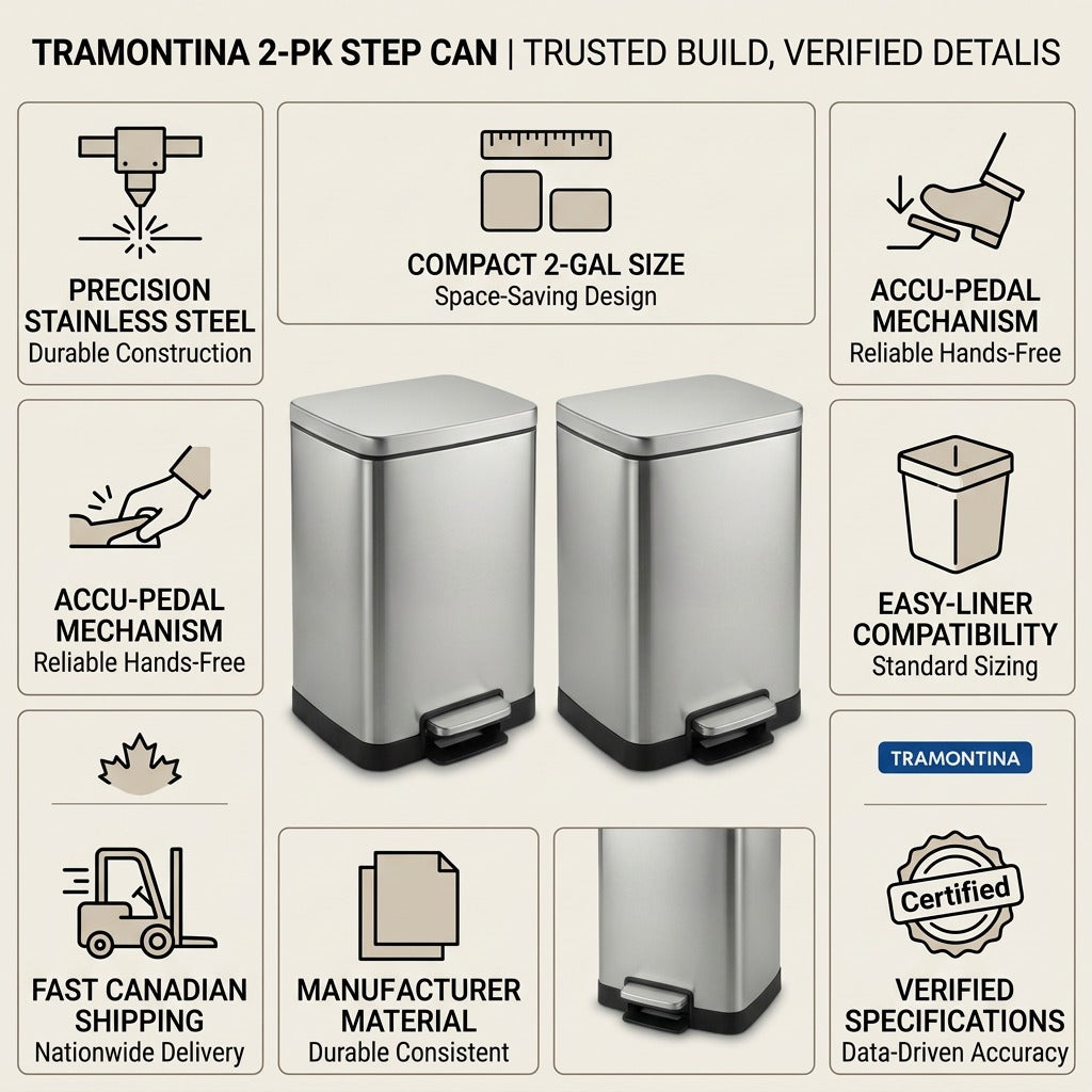 Tramontina 2-pack step can infographic highlighting durable stainless steel and 2-gallon size.