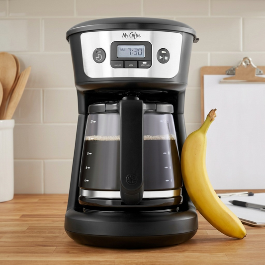 Mr. Coffee 12-Cup Programmable Coffee Maker next to a banana for scale on a kitchen counter.