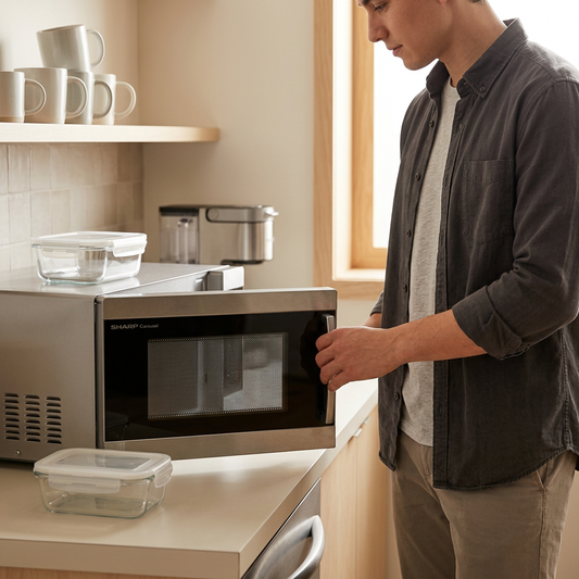 Sharp SMC0762KSC compact microwave in a small office break area with a person closing the door
