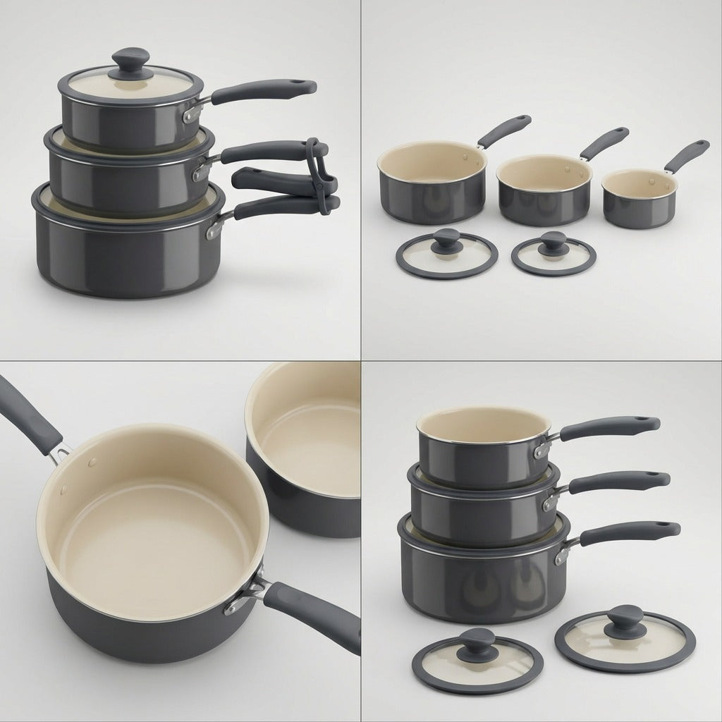 Tramontina 6-Piece Nesting Ceramic Cookware Set Dark Gray multi-angle product grid showing interior and stacked views