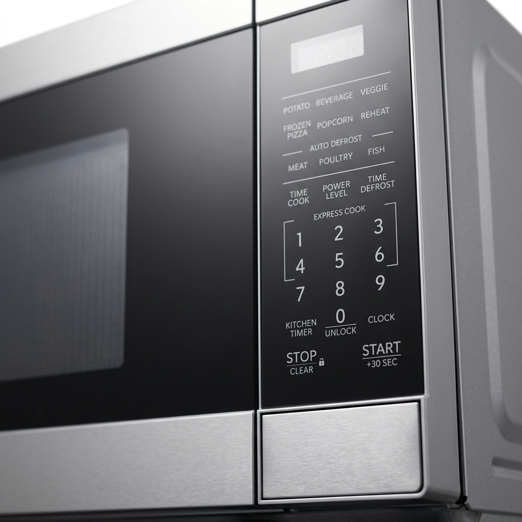 Close-up of the Sharp SMC0762KSC stainless steel control panel and LED display