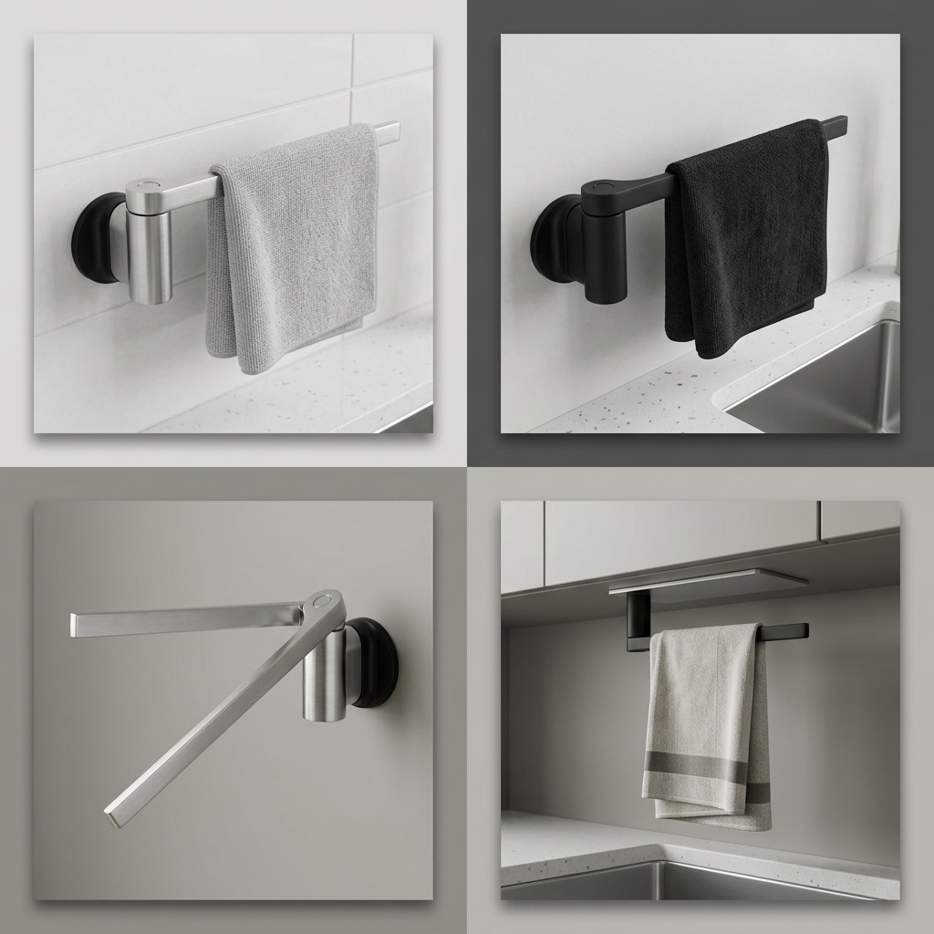 Happy Sinks Magnetic Dishcloth Holder stainless and black colour options extended and folded four-angle view