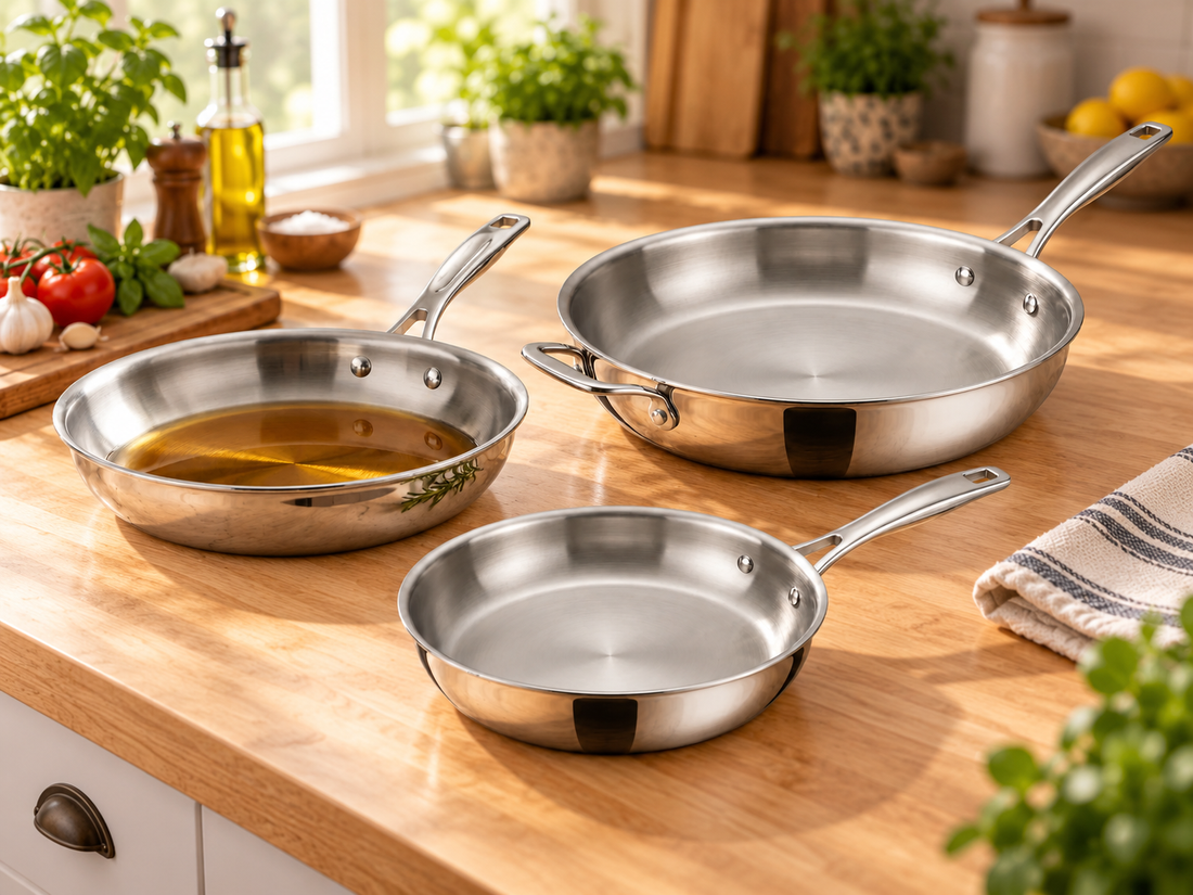 Tramontina tri-ply fry pans in 8, 10 and 12 inch sizes