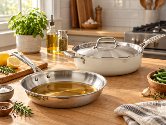 Tramontina 10 inch Tri-Ply fry pan and ceramic all-in-one pan on a kitchen counter