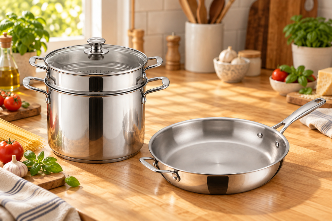 Tramontina gourmet pasta cooker and 12 inch Tri-Ply fry pan on a wood kitchen counter