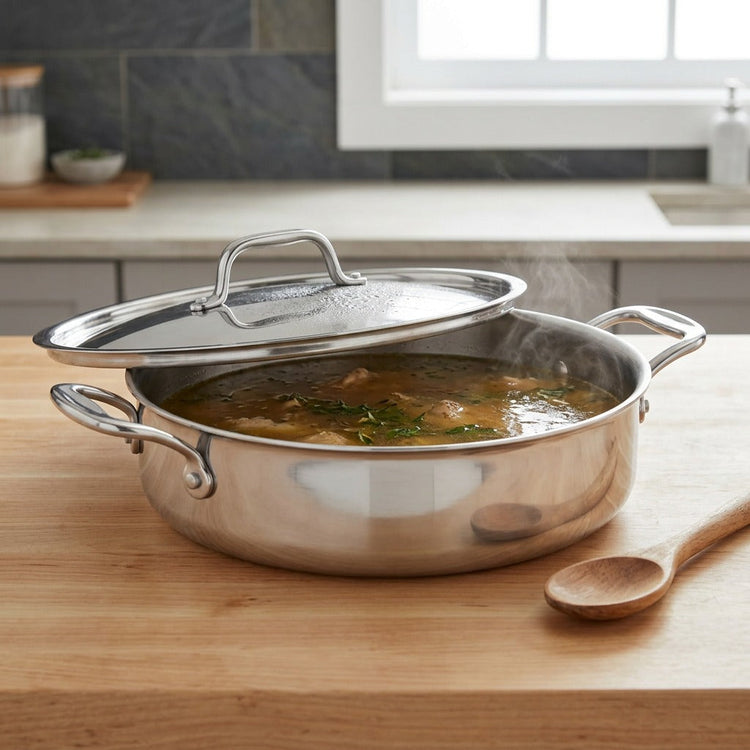 Tramontina Signature 6 Qt Tri-Ply Clad Covered Braiser on a wooden countertop lifestyle shot.
