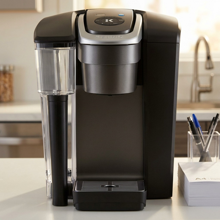 Keurig K-1550 commercial coffee maker on a breakroom counter next to a ream of printer paper for size