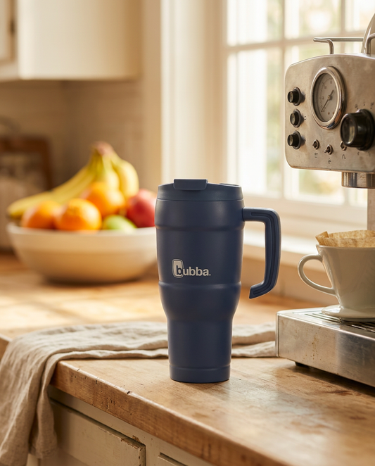 bubba Hero XL 24oz Tumbler in Indigo on a kitchen counter near the espresso machine