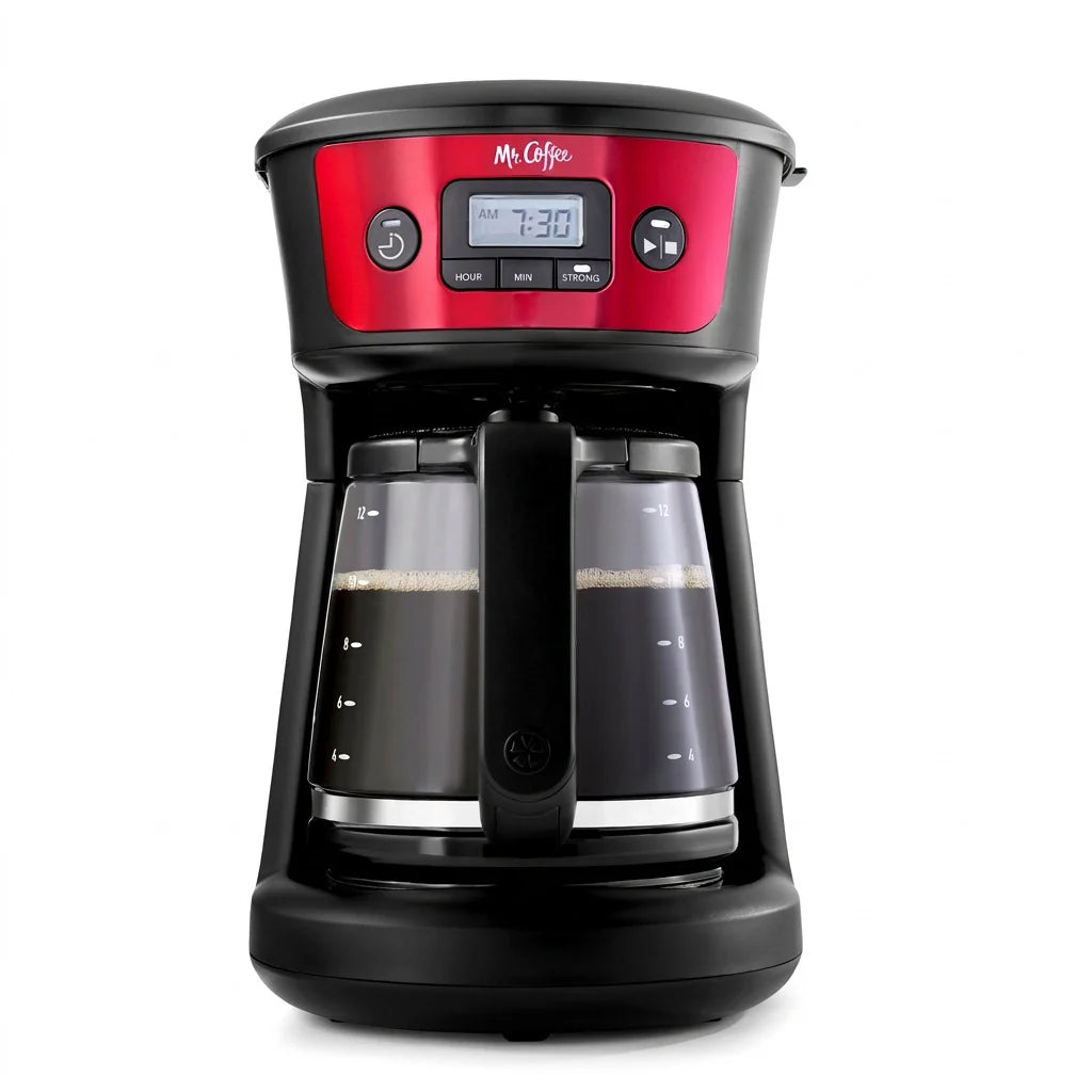 Mr. Coffee 12-Cup Programmable Coffee Maker with Strong Brew Selector - Red, front view on white background