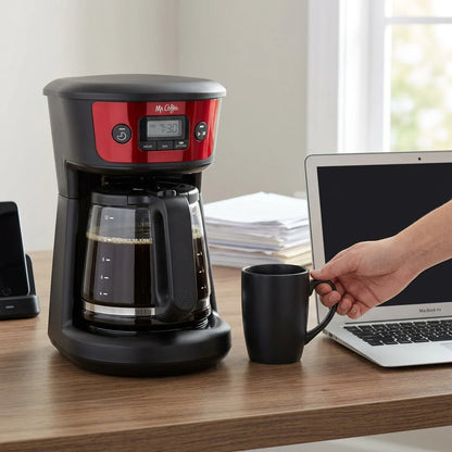 Mr. Coffee 12-Cup Programmable Coffee Maker with Strong Brew Selector - Red, lifestyle shot on desk with laptop and coffee mug