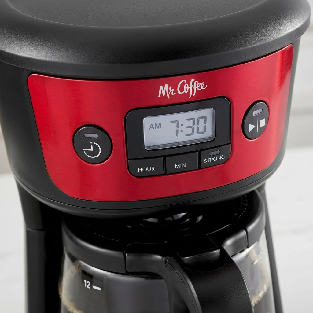 Mr. Coffee 12-Cup Programmable Coffee Maker with Strong Brew Selector - Red, close-up of control panel showing Strong Brew selector and programmable timer