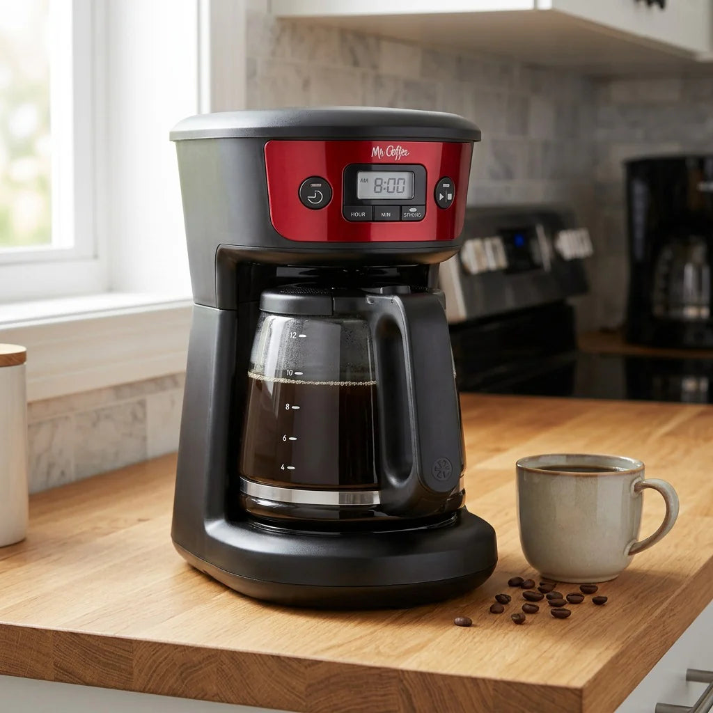 Mr. Coffee 12-Cup Programmable Coffee Maker with Strong Brew Selector - Red, lifestyle shot on kitchen counter with coffee mug