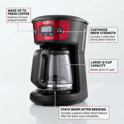 Mr. Coffee 12-Cup Programmable Coffee Maker with Strong Brew Selector - Red, feature callout infographic