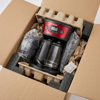 Mr. Coffee 12-Cup Programmable Coffee Maker with Strong Brew Selector - Red, unboxing shot showing secure packaging