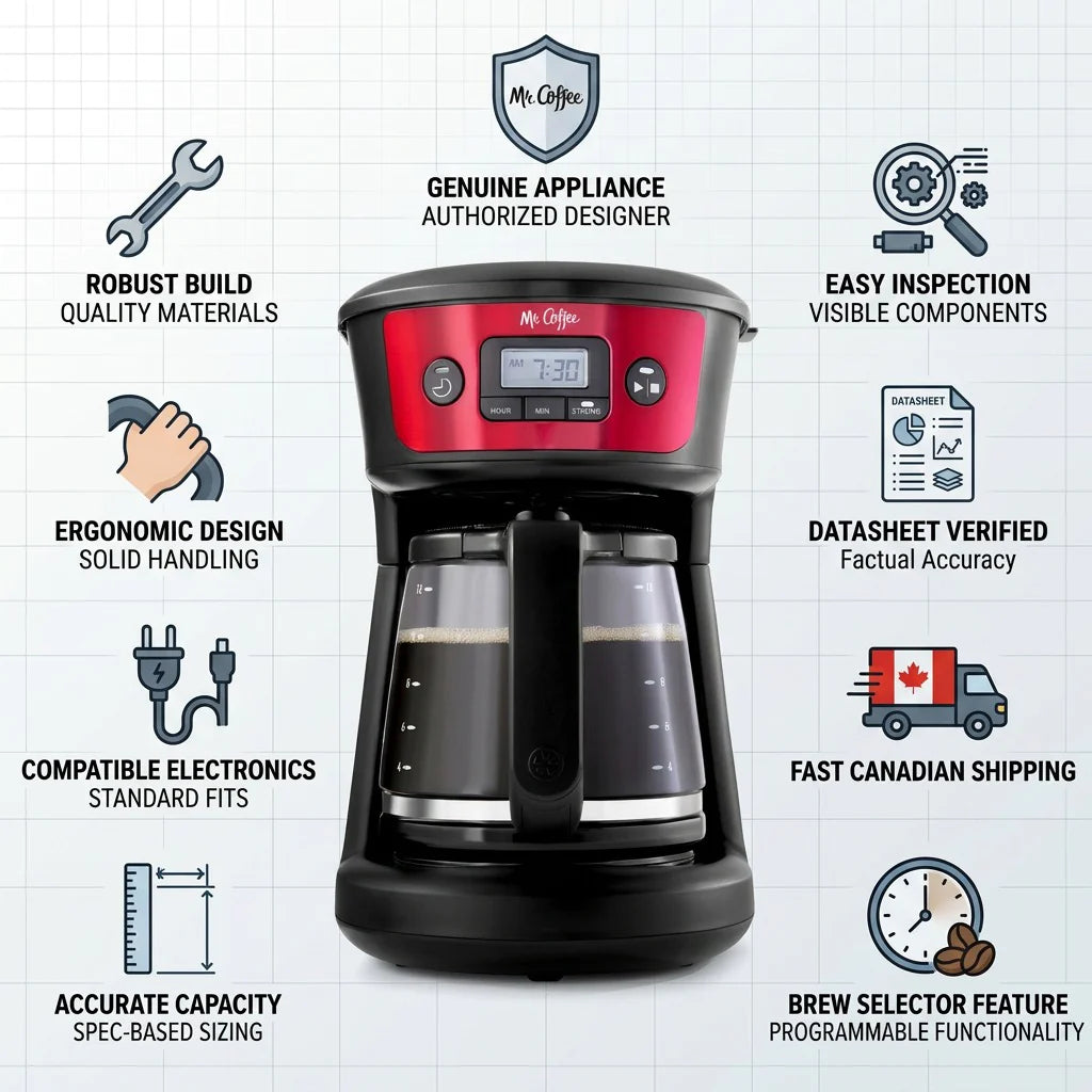 Mr. Coffee 12-Cup Programmable Coffee Maker with Strong Brew Selector - Red, trust infographic highlighting robust build, ergonomic design, and fast Canadian shipping