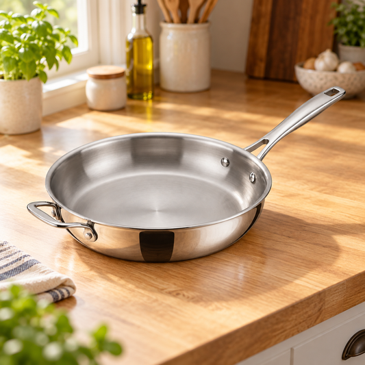 Tramontina Signature Tri-Ply 12 inch stainless steel fry pan on a wood kitchen counter