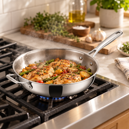 Chicken and vegetables searing in a Tramontina Signature Tri-Ply 12 inch stainless steel fry pan on a gas stovetop