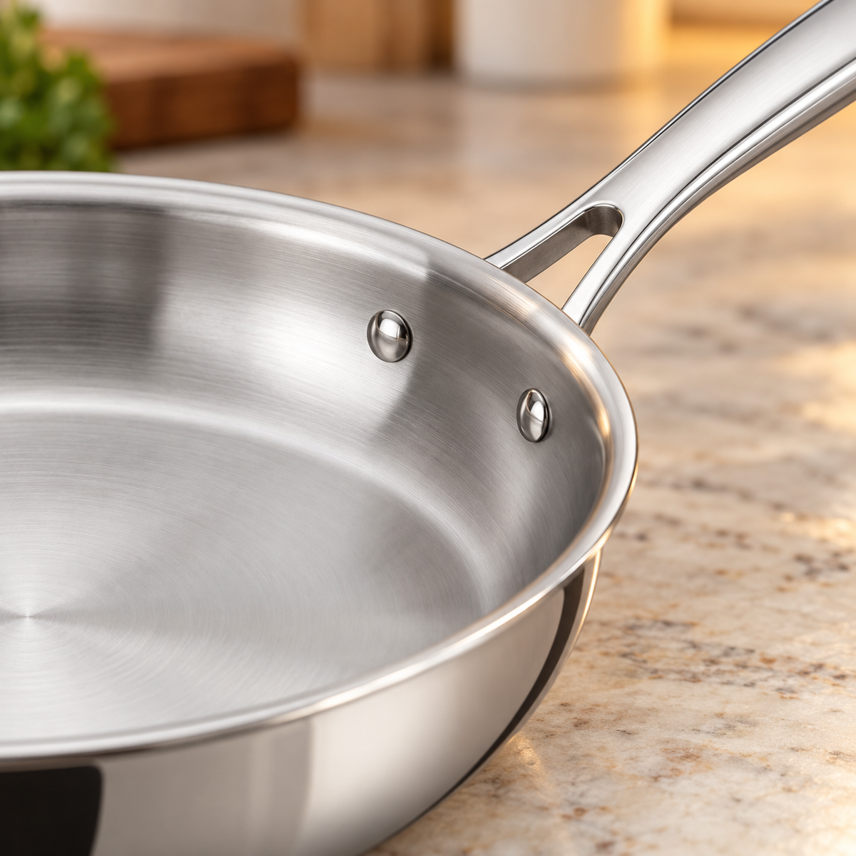 Close-up of the riveted handle on a Tramontina Signature Tri-Ply 12 inch stainless steel fry pan