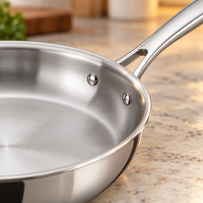 Close-up of the riveted handle on a Tramontina Signature Tri-Ply 12 inch stainless steel fry pan