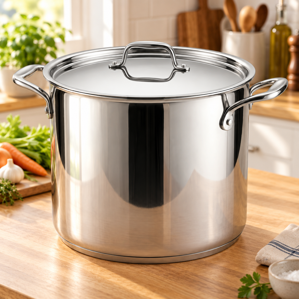 Tramontina Tri-Ply Base 16 quart stainless steel covered stock pot with stainless steel lid on a wood kitchen counter