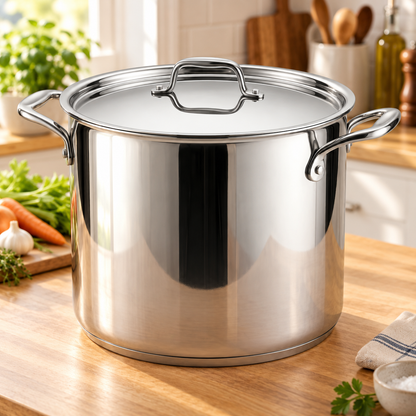 Tramontina Tri-Ply Base 16 quart stainless steel covered stock pot with stainless steel lid on a wood kitchen counter