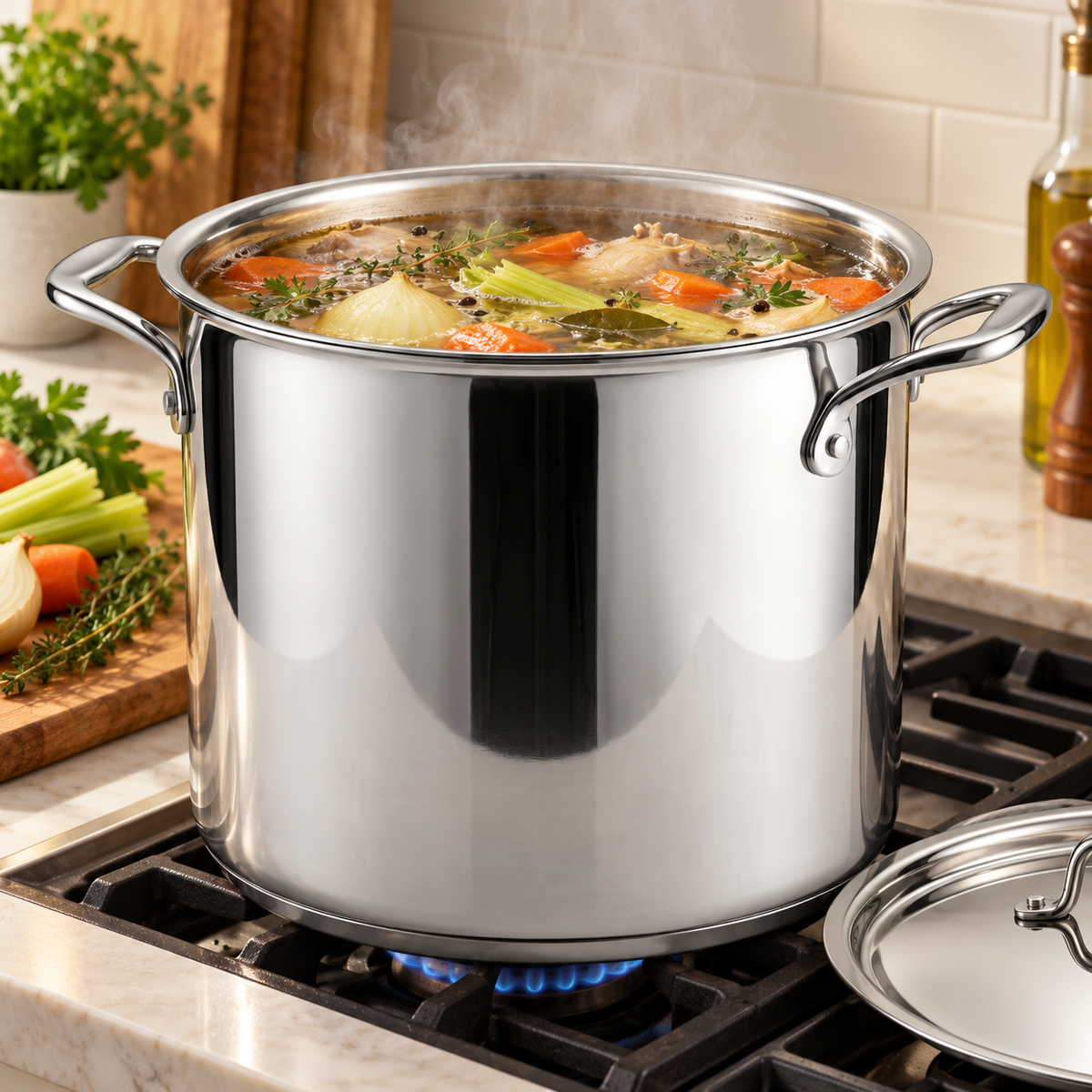 Beef stock with vegetables and herbs simmering in a Tramontina Tri-Ply Base 16 quart stainless steel stock pot on a gas stovetop