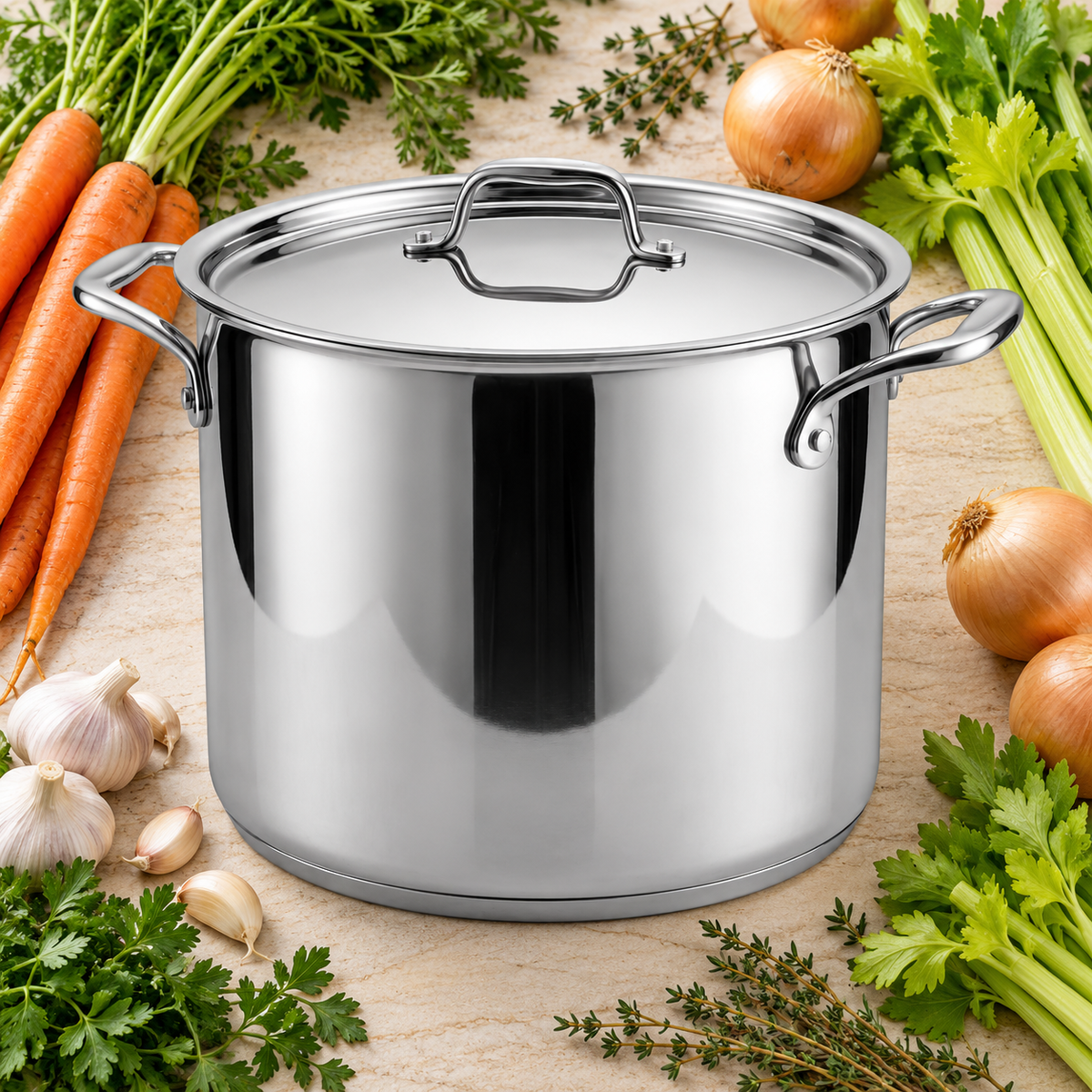 Tramontina Tri-Ply Base 16 quart stainless steel covered stock pot surrounded by fresh vegetables