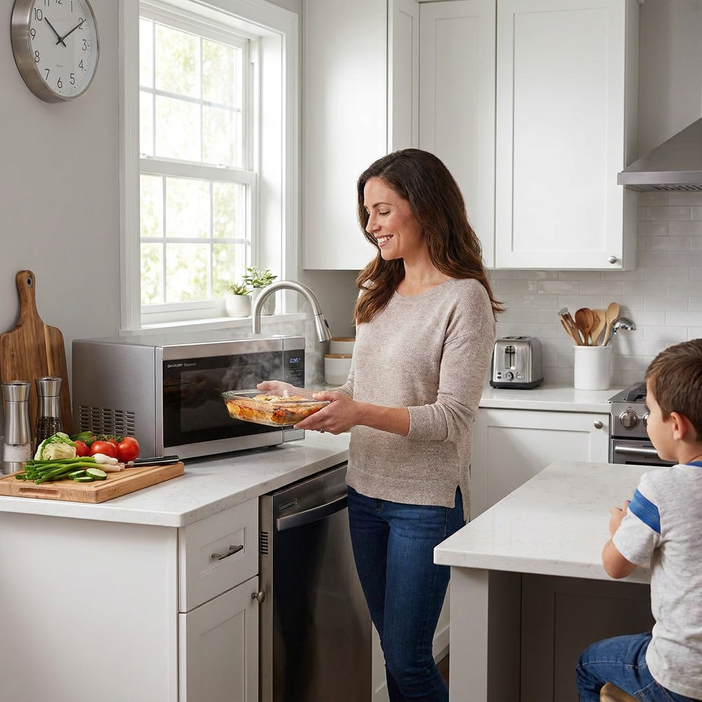 A woman removes a steaming dish from the Sharp SMC0962KSC microwave in a bright, home kitchen.