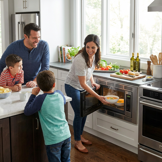 A family watches as a woman takes a bowl of hot soup from the built-in stainless steel Sharp microwave in their bright kitchen.