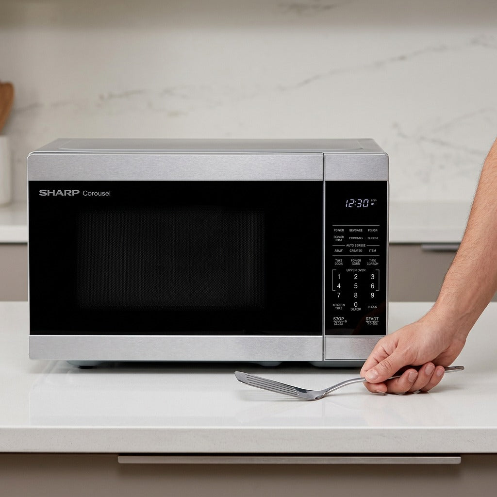 Sharp SMC1162KSC 1.1 cu. ft. microwave size reference with kitchen spatula