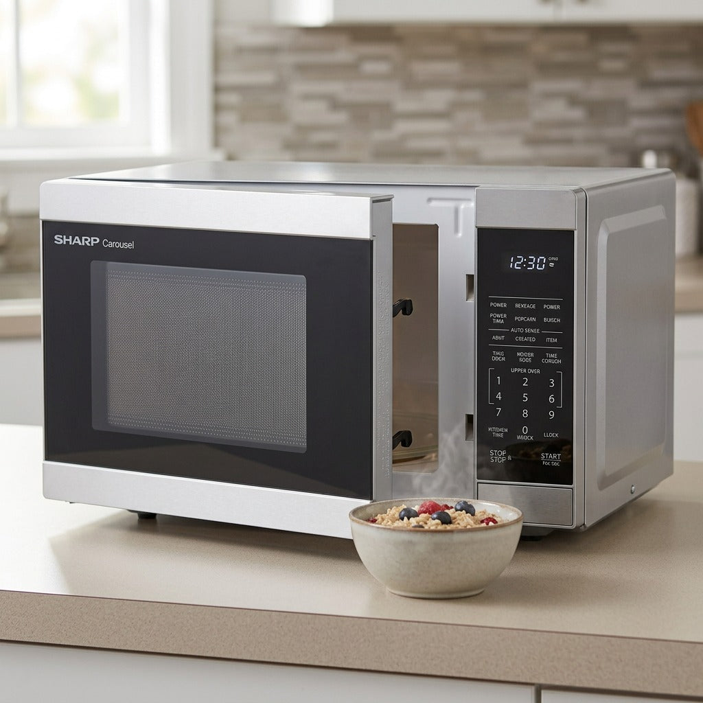 Sharp SMC1162KSC 1.1 cu. ft. microwave on kitchen counter with bowl of oatmeal