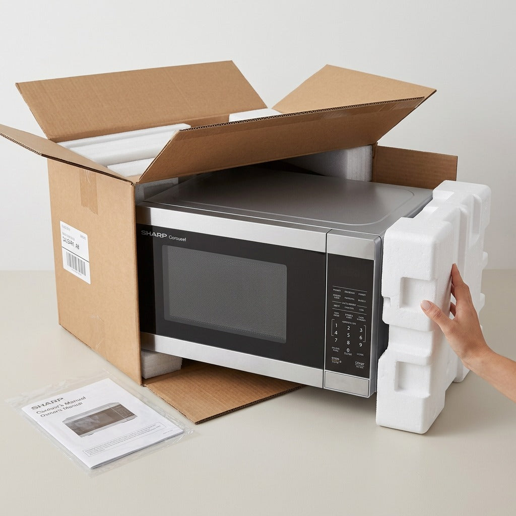 Sharp SMC1162KSC microwave unboxing from protective packaging