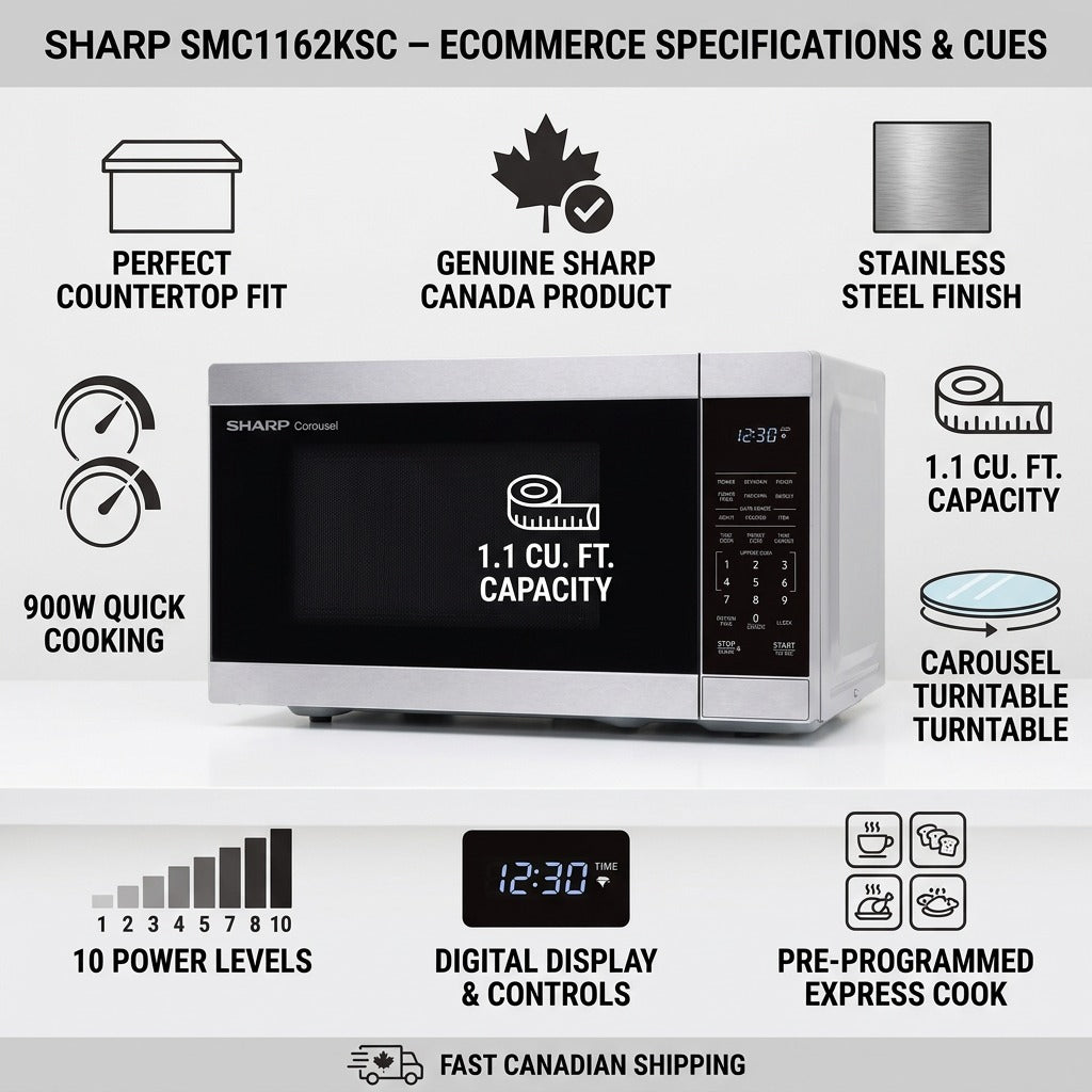 Sharp SMC1162KSC microwave specifications and features infographic